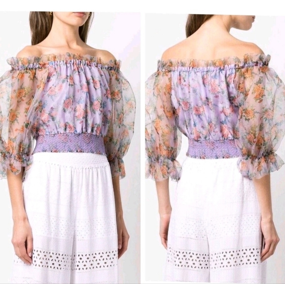 ALICE + OLIVIA Caprina Silk Puff Sleeve Off Shoulder Crop Top Size Small NWOT - Picture 4 of 15